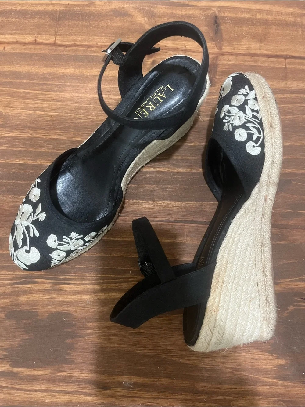 Lauren Ralph Lauren Hayleigh Embroidered Black Wedge Espadrille Wedge Sz 9.5